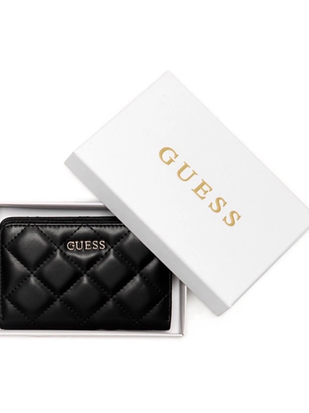 GUESS Black Quilted Card Holder with Gold Logo